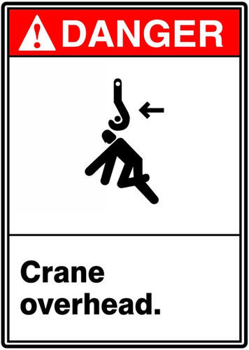 ANSI Safety Sign - DANGER: Crane Overhead., 14" x 10", Pack/10