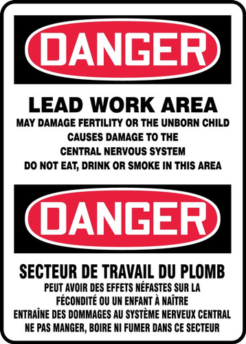 Bilingual OSHA Safety Sign - DANGER: Lead Work Area, 14" x 10", Pack/10