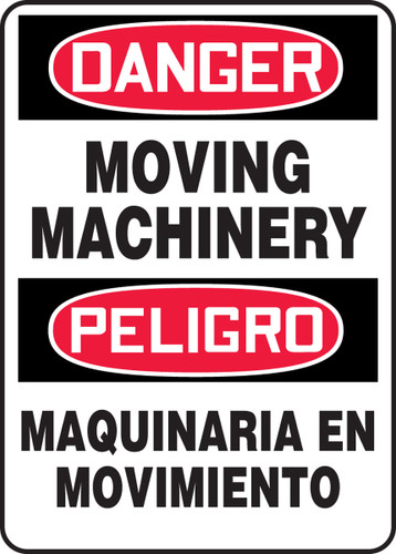 Bilingual OSHA Danger Safety Sign - Moving Machinery, 14" x 10", Pack/10