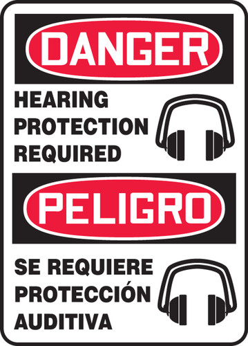 Bilingual OSHA Safety Sign - DANGER: Hearing Protection Required, 14" x 10", Pack/10