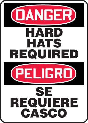 Bilingual OSHA Safety Sign - DANGER: Hard Hats Required, 14" x 10", Pack/10
