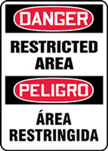 Bilingual OSHA Safety Sign - DANGER: Restricted Area, 14" x 10", Pack/10