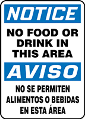 Spanish Bilingual OSHA Safety Sign - NOTICE: No Food Or Drink In This Area, 14" x 10", Pack/10