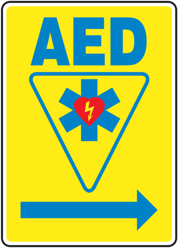 Safety Sign: AED (Automated External Defibrillator - Right Arrow), 14" x 10", Pack/10