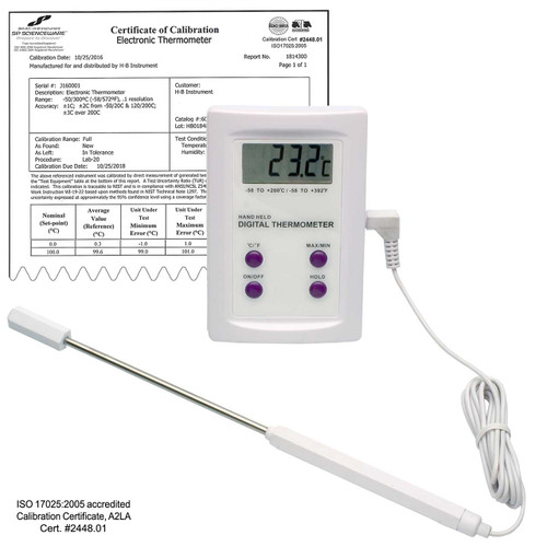 H-B DURAC Calibrated Electronic Thermometer with Stainless Steel Probe, 50/200C (58/392F), 63 x 97mm