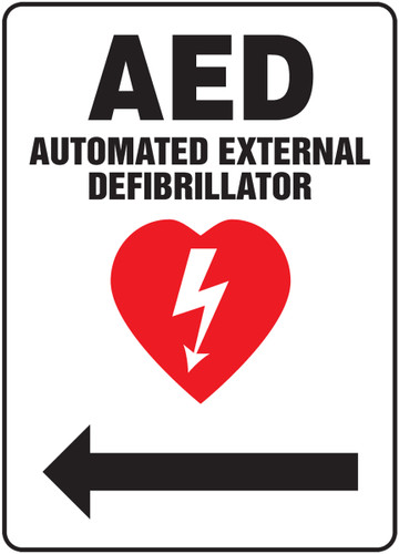 Safety Sign: AED - Automated External Defibrillator (Left Arrow), 14" x 10", Pack/10