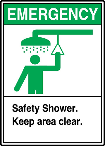ANSI Safety Sign: Emergency (Graphic) Safety Shower - Keep Area Clear, 14" x 10", Pack/10