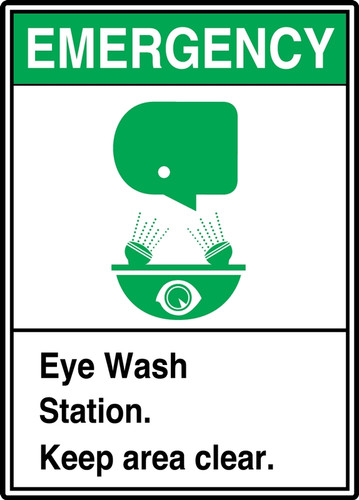 ANSI Safety Sign: Emergency (Graphic) Eye Wash Station - Keep Area Clear, 14" x 10", Pack/10