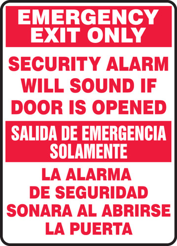 Bilingual Safety Sign: Emergency Exit Only - Security Alarm Will Sound If Door Is Opened, 14" x 10", Pack/10