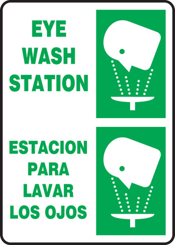 Bilingual Safety Sign: Eye Wash Station, 14" x 10", Pack/10