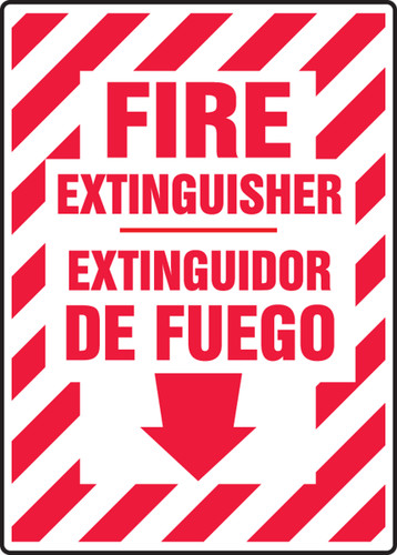 Bilingual Fire Safety Sign: Fire Extinguisher (Arrow), 14" x 10", Pack/10