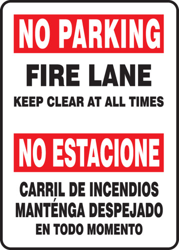 Bilingual Safety Sign: No Parking - Fire Lane - Keep Clear At All Times, 14" x 10", Pack/10