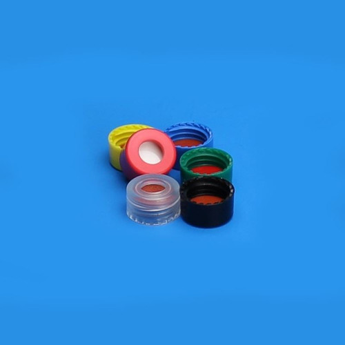 Preassembled SMOOTH Closure and Septa, 9mm Thread, Blue, PTFE/Red Rubber Septa, pack/100 Preassembled SMOOTH Closure and Septa, 9mm Thread, Blue, PTFE/Red Rubber Septa, pack/100
