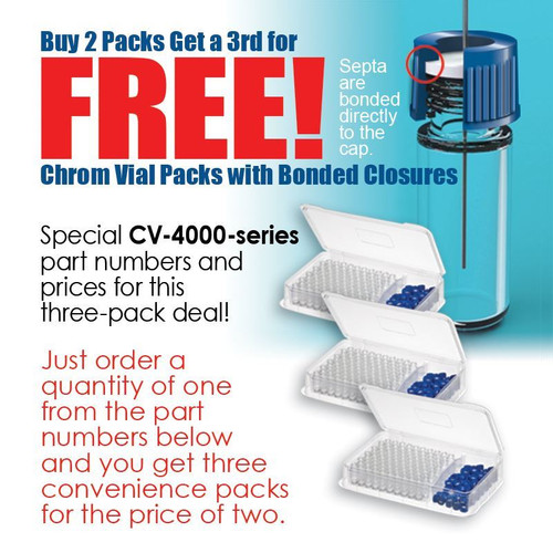 Pack, Blue Bonded Closure and Vial, Glass, 2.0mL, 9mm Thread, Clear, 12 x 32mm, PTFE/Silicone Septa with Slit, 3 Packs of 100, pack/300