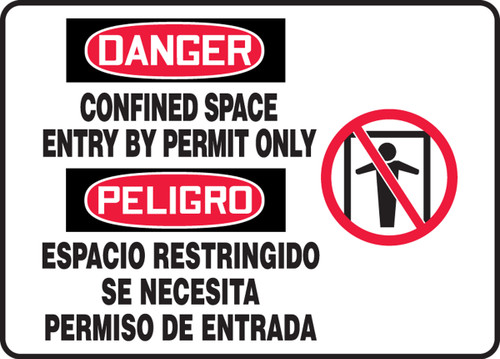 Bilingual OSHA Safety Sign - DANGER: Confined Space Entry By Permit Only, 14" x 20", Pack/10