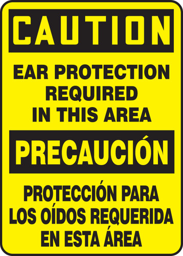 Bilingual OSHA Safety Sign - CAUTION: Ear Protection Required In This Area, 20" x 14", Pack/10