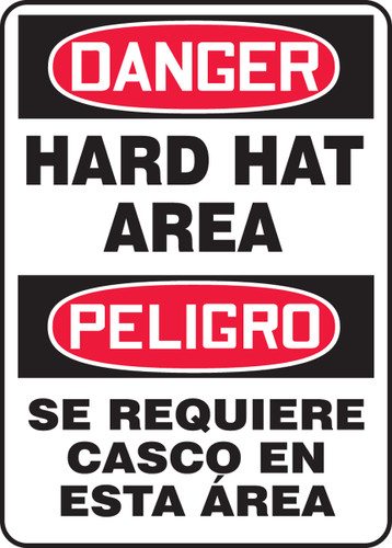 Bilingual OSHA Safety Sign - DANGER: Hard Hat Area, 20" x 14", Pack/10