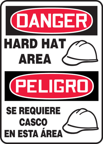 Bilingual OSHA Safety Sign - DANGER: Hard Hat Area (Graphic), 20" x 14", Pack/10