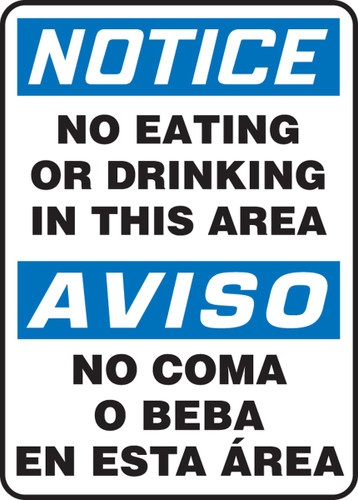Bilingual OSHA Safety Sign - NOTICE: No Eating Or Drinking In This Area, 20" x 14", Pack/10
