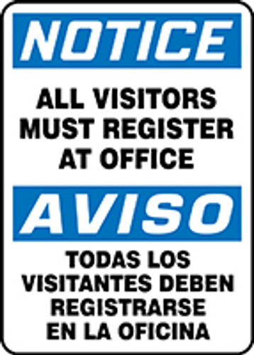 Bilingual OSHA Safety Sign - NOTICE: All Visitors Must Register At Office, 20" x 14", Pack/10
