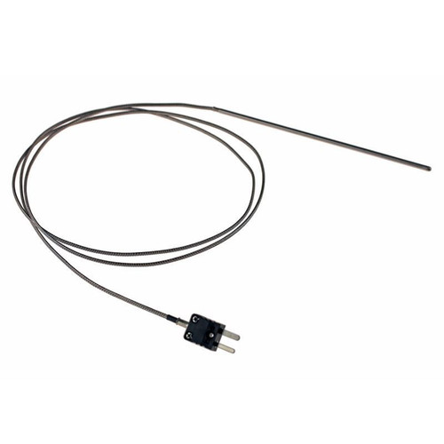 Thermocouple, Type J, 0-370°C, 24 Guage, 1/8" OD, 6" Long Stainless Steel Probe, 48" Long Fiberglass Insulated Duplex Lead with Stainless Steel Overbraid for Liquid Immersion, each