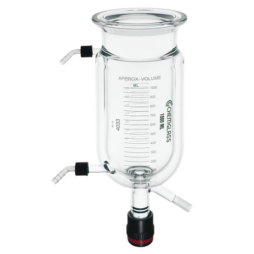 1000mL Reaction Vessel, Jacketed, 100mm Schott O-Ring Flange, 3/4" Beaded Pipe Inlet/Outlet, CG-911-A-10 Drain Valve, each