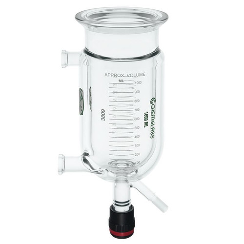 2,000mL Reaction Vessel, Jacketed, Graduated Both Sides, 150mm Flange, Flat Flange Inlet/Outlet, CG-511 Drain Valve, each