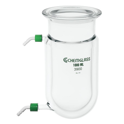 1000mL Reaction Vessel, Cylindrical, Jacketed, 100mm Schott O-Ring Flange, 97mm I.D. x 205mm Height, Hose Conn. Thread Size GL-14
