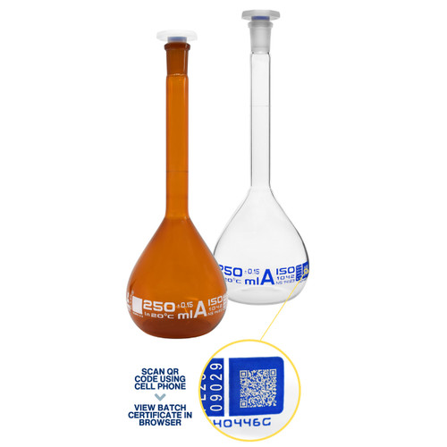 Volumetric Flask, QR Coded, 100mL, Amber, 14/23 Class A Borosilicate Glass, PE Stopper, each