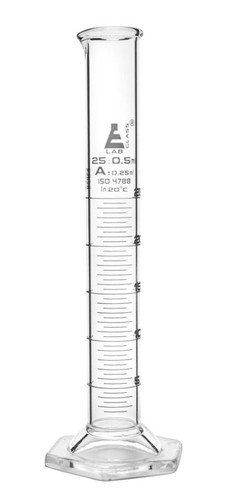 Graduated Cylinder, 25 ml, Class A Tolerance +/-0.25 ml, Hex Base, White Ink, 3.3 Borosilicate Glass