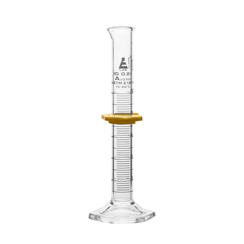 Eisco Labs Measuring Cylinder, 10ml, ASTM, Class A Tolerance +/-0.10ml, Protective Collar, Hexagonal Base, White Graduations, Borosilicate 3.3 Glass 