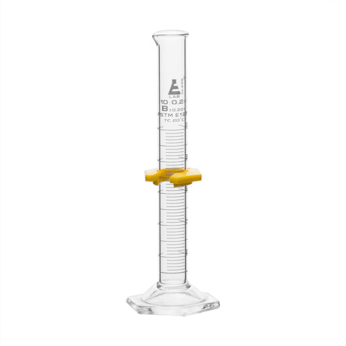 Eisco Labs Measuring Cylinder, 10ml, ASTM, Class B Tolerance +/-0.20ml, Protective Collar, Hexagonal Base, White Graduations, Borosilicate 3.3 Glass 