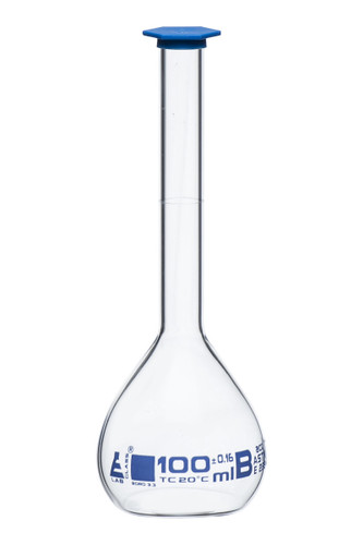 Eisco Labs Volumetric Flask, 100ml, Class B, ASTM, Tolerance +/-0.160ml, Snap Cap, Single, Blue Graduations, Borosilicate Glass 