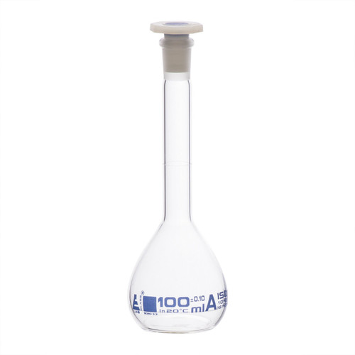 Eisco Labs Volumetric Flask, 100ml, Class A Tolerance +/-0.10ml, 14/23 , PP Stopper,/Single Graduation Mark, Borosilicate Glass 