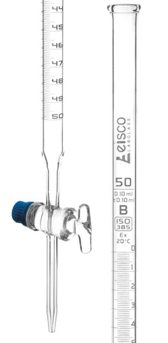 Eisco Labs Lab Burette, 50mL, Class B, Glass Key Stopcock, 0.10mL White Graduations, Borosilicate Glass 