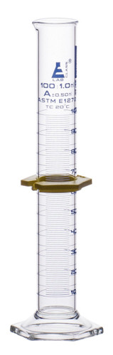 Eisco Labs Graduated Cylinder, 100mL, ASTM, Class A, Tolerance +/-0.50mL, Protective Collar, Hexagonal Base, Blue Graduations, With Individual Work Certificate, Borosilicate 3.3 Glass 