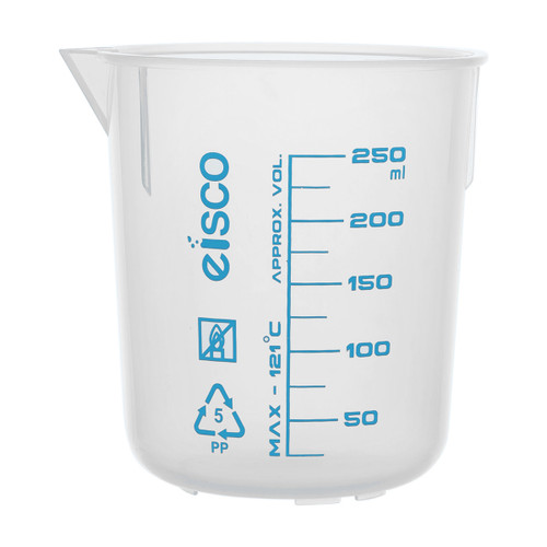 Eisco Labs Premium 250mL Beaker, PP Plastic, Blue Screen Printed, 25mL Graduations 