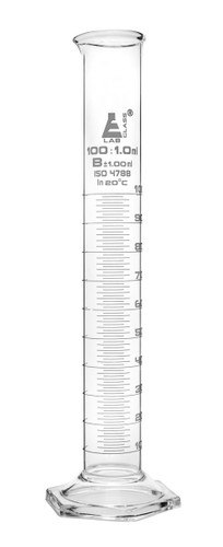 Eisco Labs Graduated Cylinder, 100ml, Class B Tolerance +/-1 ml, Hexagonal Base, White Graduations, Borosilicate 3.3 Glass 