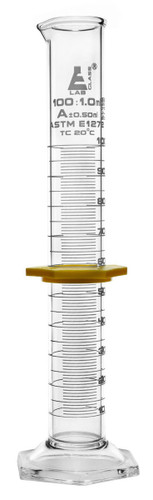 Eisco Labs Graduated Cylinder, 100mL, ASTM, Class A Tolerance +/-0.50mL, Protective Collar, Hexagonal Base, White Graduations, Borosilicate 3.3 Glass 