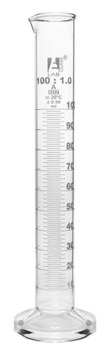 Eisco Labs Graduated Cylinder, 100ml, Class A Tolerance +/-0.50ml, Round Base, White Graduations, Borosilicate 3.3 Glass 