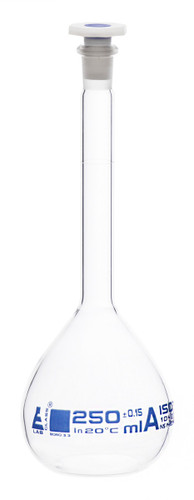 Eisco Labs Volumetric Flask, 250ml, Class A, Tolerance +/-0.15ml, Interchangeable, 14/23 , PP Stopper,/Single, White Graduations, With Individual Work Certificate, Borosilicate Glass 