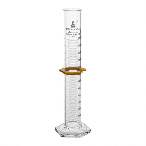 Eisco Labs Graduated Cylinder, 250mL, ASTM, Class A Tolerance +/-1 ml, Protective Collar, Hexagonal Base, White Graduations, Borosilicate 3.3 Glass 