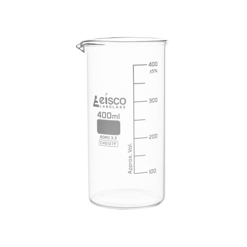 Eisco Labs Beaker, 400ml, Tall Form with Spout, White, 50ml Graduations, Borosilicate 3.3 Glass 