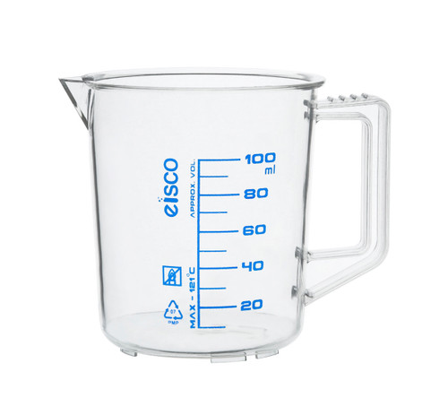 Eisco Labs Measuring Jug, 100ml, TPX Plastic, Printed Graduations, Chemical Resistant, Autoclavable, Short Form, Handle with Thumb Grip 
