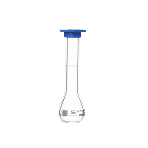Eisco Labs Volumetric Flask, 5mL, ASTM Class B, Tolerance +/-0.020mL, Snap Cap, White Markings, Borosilicate Glass 