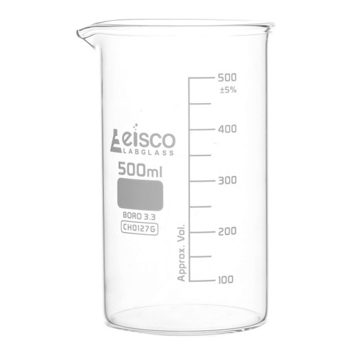 Eisco Labs Beaker, 500ml, Tall Form with Spout, White, 50ml Graduations, Borosilicate 3.3 Glass 