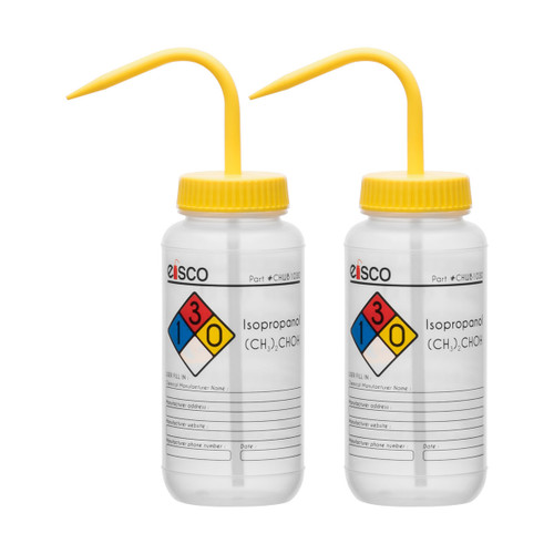 Eisco Labs Wash Bottle for Isopropanol, 500ml, Color Coded Safety Label (4 Colors), Wide Mouth, Self Venting, LDPE, pack/2 