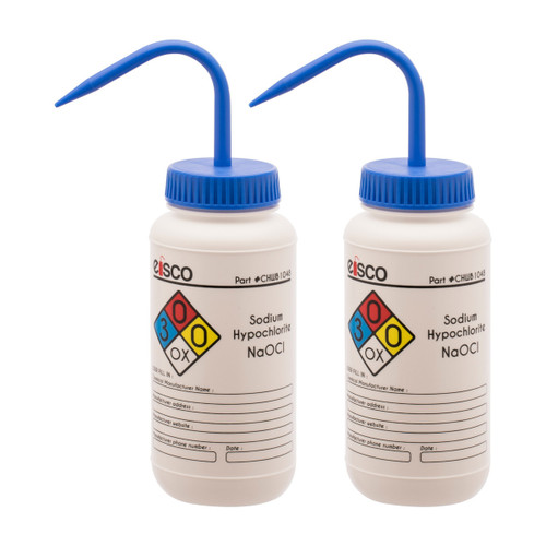 Eisco Labs Wash Bottle for Sodium Hypochlorite (Bleach), 500ml, Color Coded Safety Label (4 Colors), Wide Mouth, Self Venting, LDPE, pack/2 