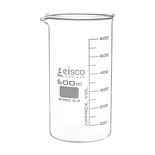 Eisco Labs Beaker, 600ml, Tall Form with Spout, White, 50ml Graduations, Borosilicate 3.3 Glass 