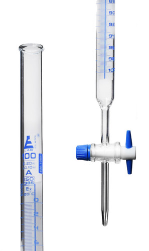 Eisco Labs Lab Burette, 100mL, Schellbach Design for Accurate Meniscus Reading, Class A, Includes Calibration Certificate, 0.2mL Blue Graduations, PTFE Stopcock, Borosilicate Glass Buret 